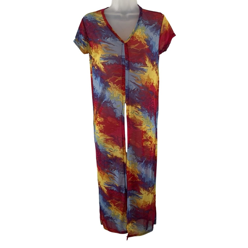 Y2K Sheer Mesh Maxi Cover Up Psychedelic Abstract Print Slit Front Womens M‎